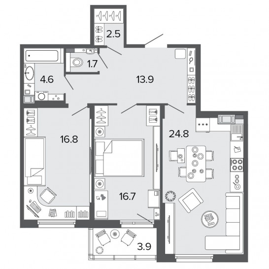 Двухкомнатная квартира 81.2 м²