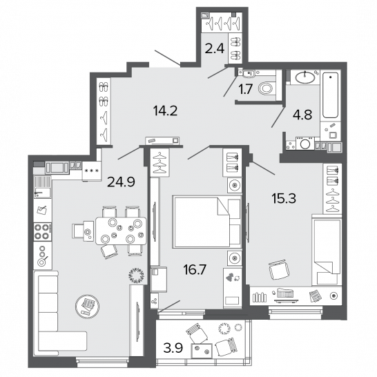 Двухкомнатная квартира 79.9 м²