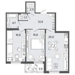Двухкомнатная квартира 81.4 м²