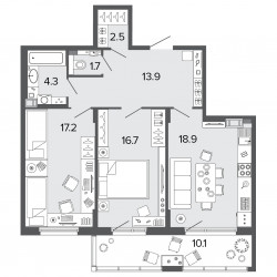 Двухкомнатная квартира 75.2 м²