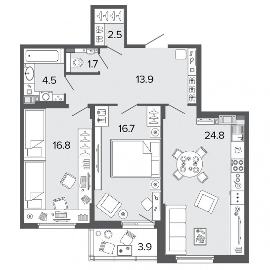 Двухкомнатная квартира 80.8 м²