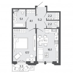 Однокомнатная квартира 52.7 м²