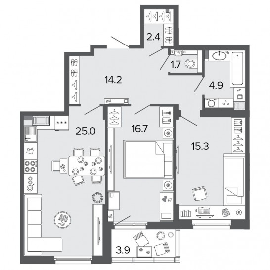 Двухкомнатная квартира 80.3 м²